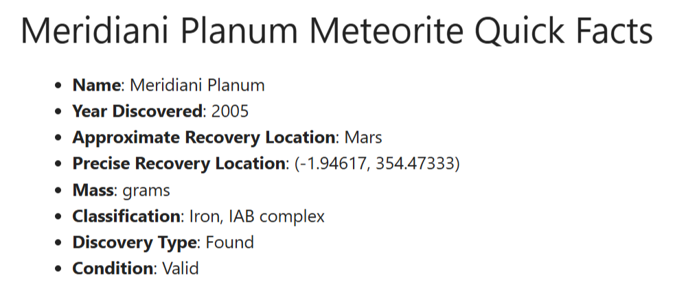 screenshot of info about meteorite from mars